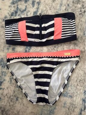 Lascana for Venus Bikini Strapless Navy Coral Stripes Size 2 Top & Bottom EUC